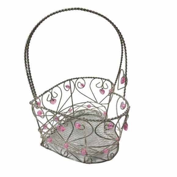 None Other - Elegant Silver Heart Wire Basket with Pink Bead Accents